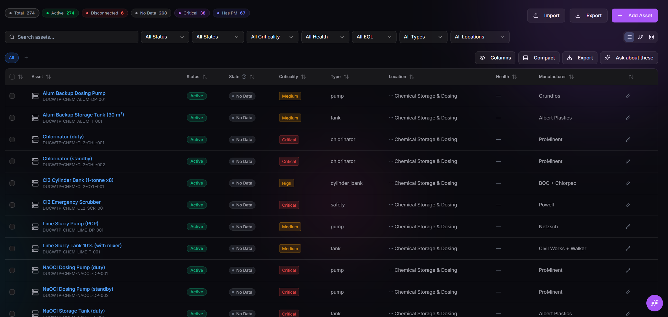 TwinEdge AssetOps EAM asset registry screenshot showing asset hierarchy, filters, health, criticality, work context, and asset actions