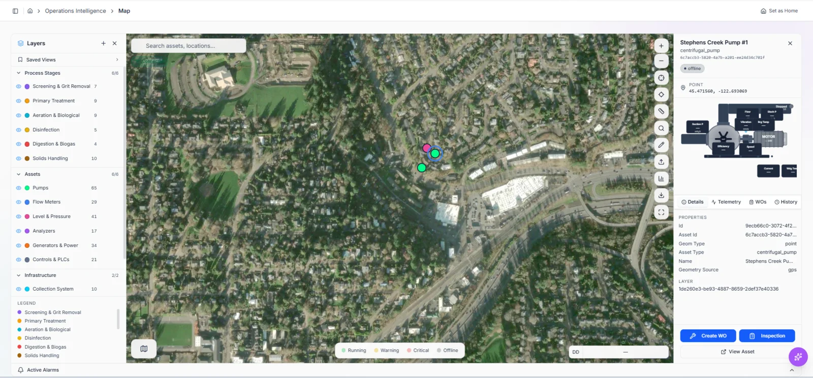 TwinEdge GIS map screenshot with layers, selected asset, telemetry, create work order, inspection, and digital twin context