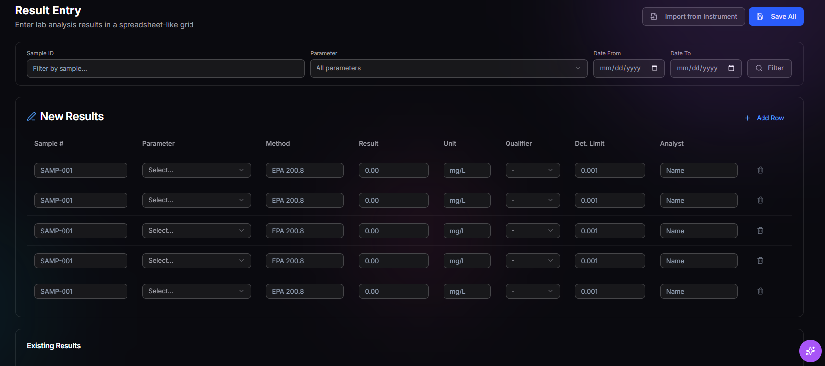 TwinEdge result entry screen showing sample result grid, filters, instrument import, and save all action
