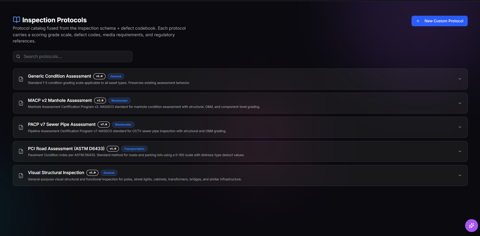 TwinEdge AssetOps inspection protocol screenshot showing checklist templates, inspection tasks, safety, and evidence capture fields