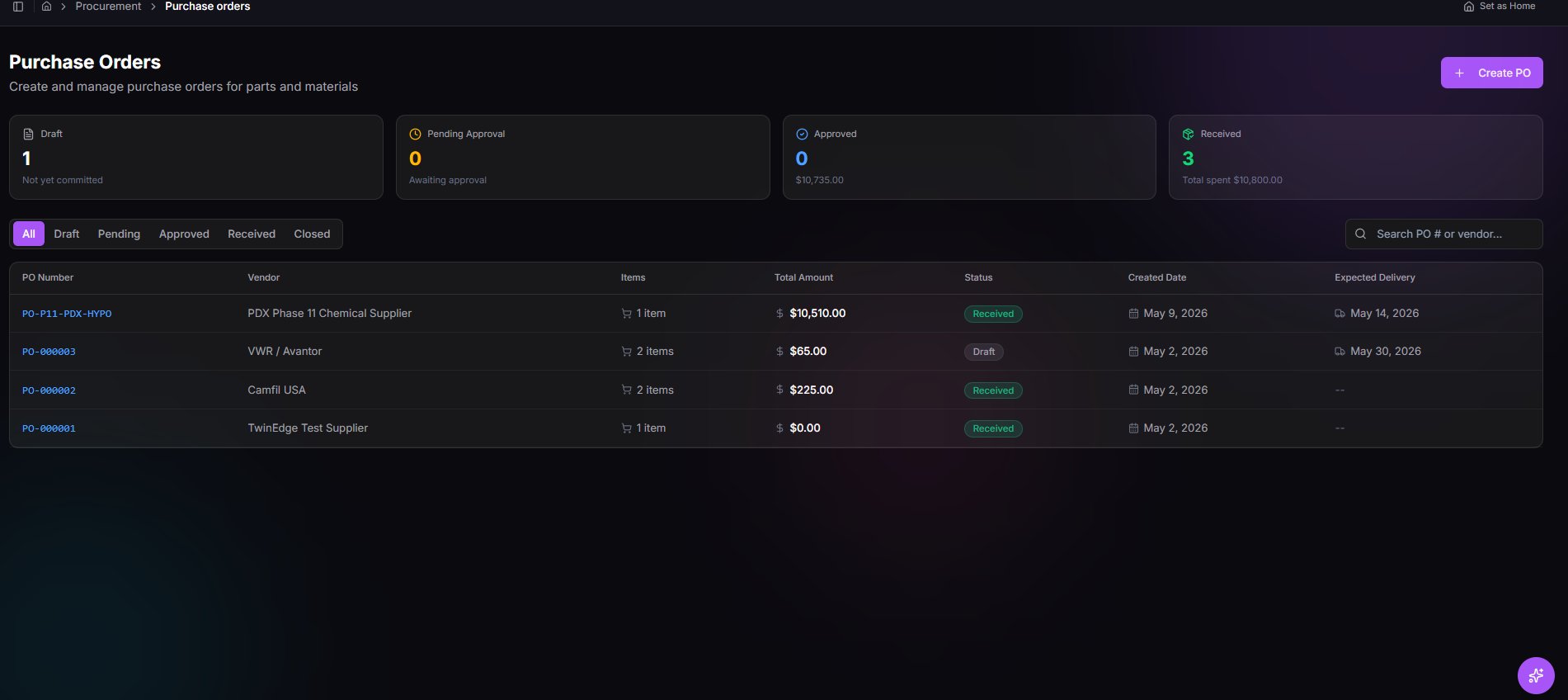 TwinEdge AssetOps purchase order screenshot showing vendor, line items, approvals, receiving state, and procurement context
