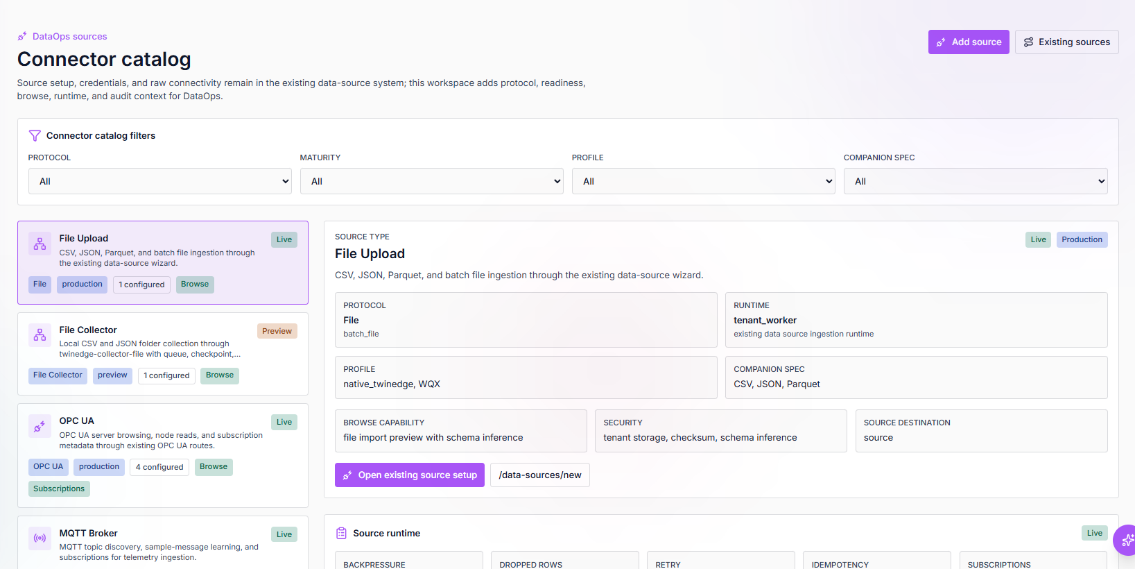 TwinEdge DataOps connector catalog screenshot showing source setup and runtime details