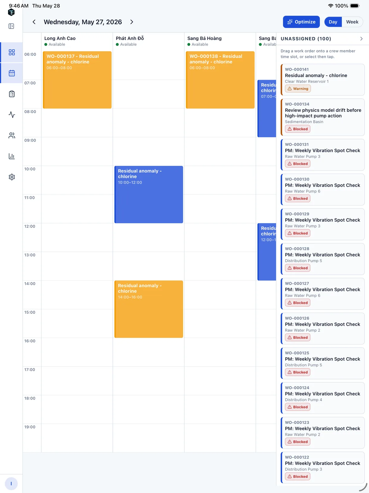 TwinEdge Field iPad weekly schedule with assigned work and technician availability