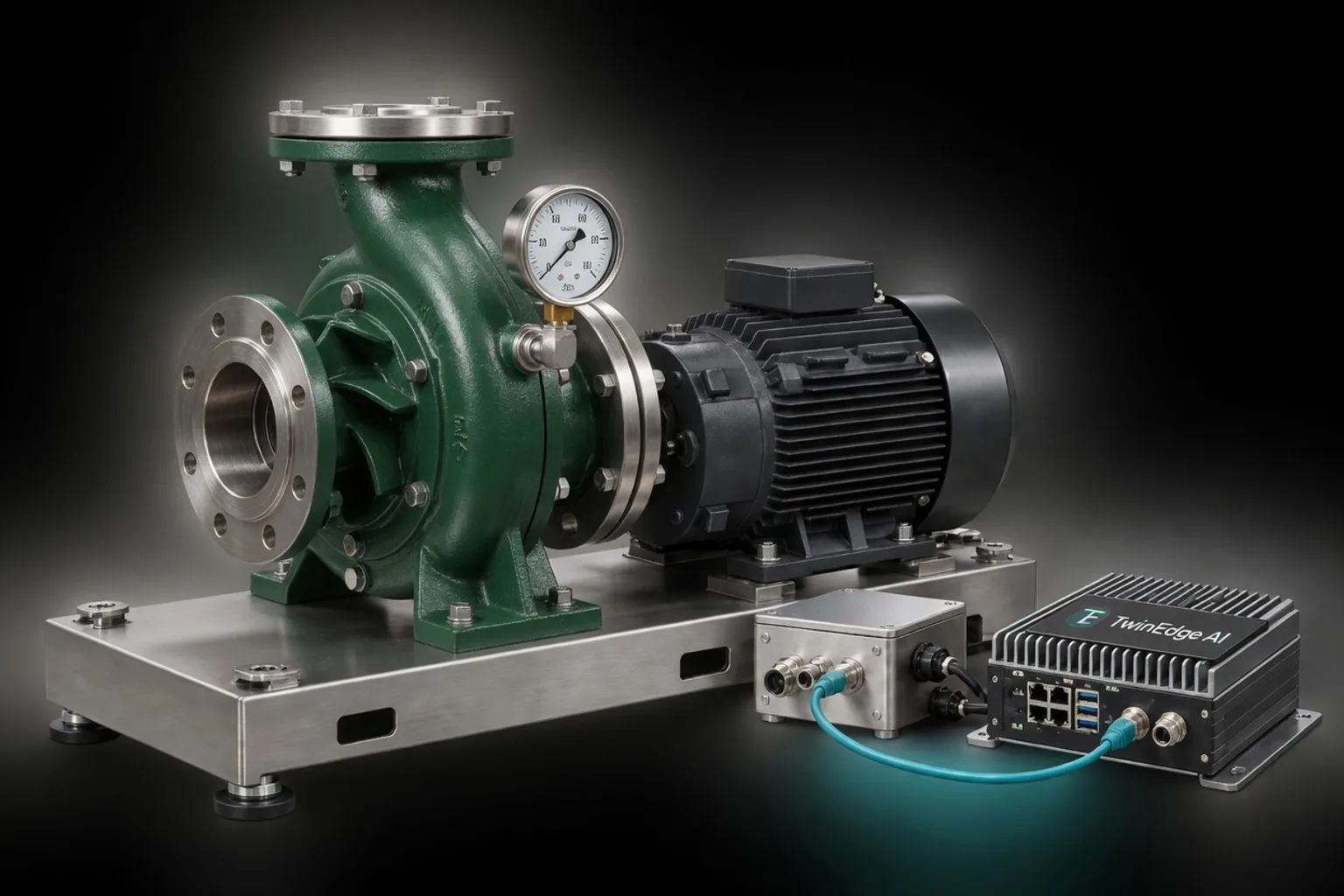 A forest-green centrifugal pump and motor on a stainless skid, connected to a TwinEdge AI edge computer.