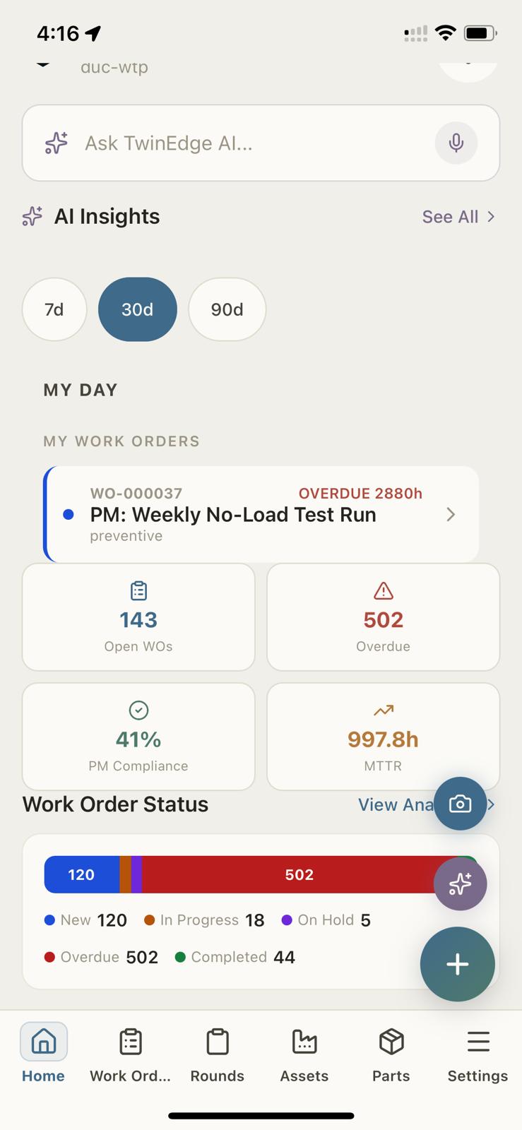 TwinEdge Field home screen showing AI insights, my day, work-order status, and Ask TwinEdge AI