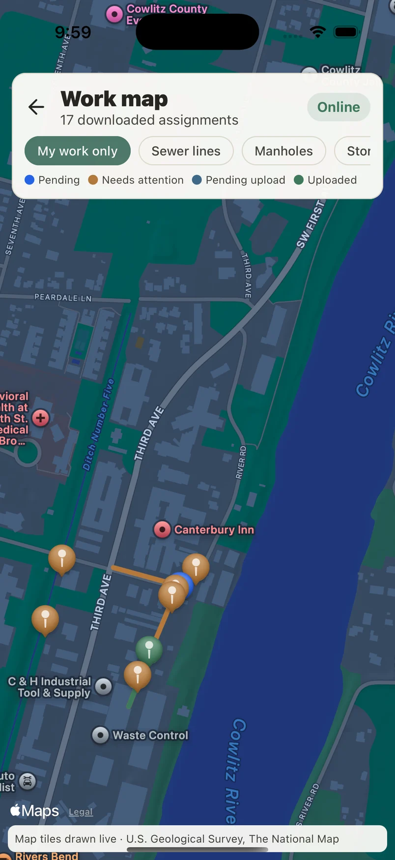 Field app work map with the crew’s jobs and nearby pipes