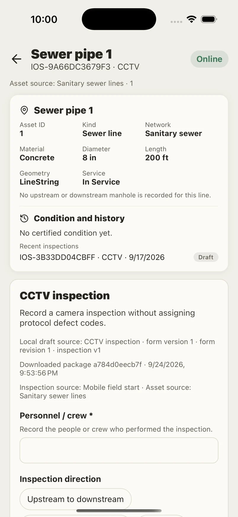Field app CCTV job showing the pipe’s facts, condition and recent inspections