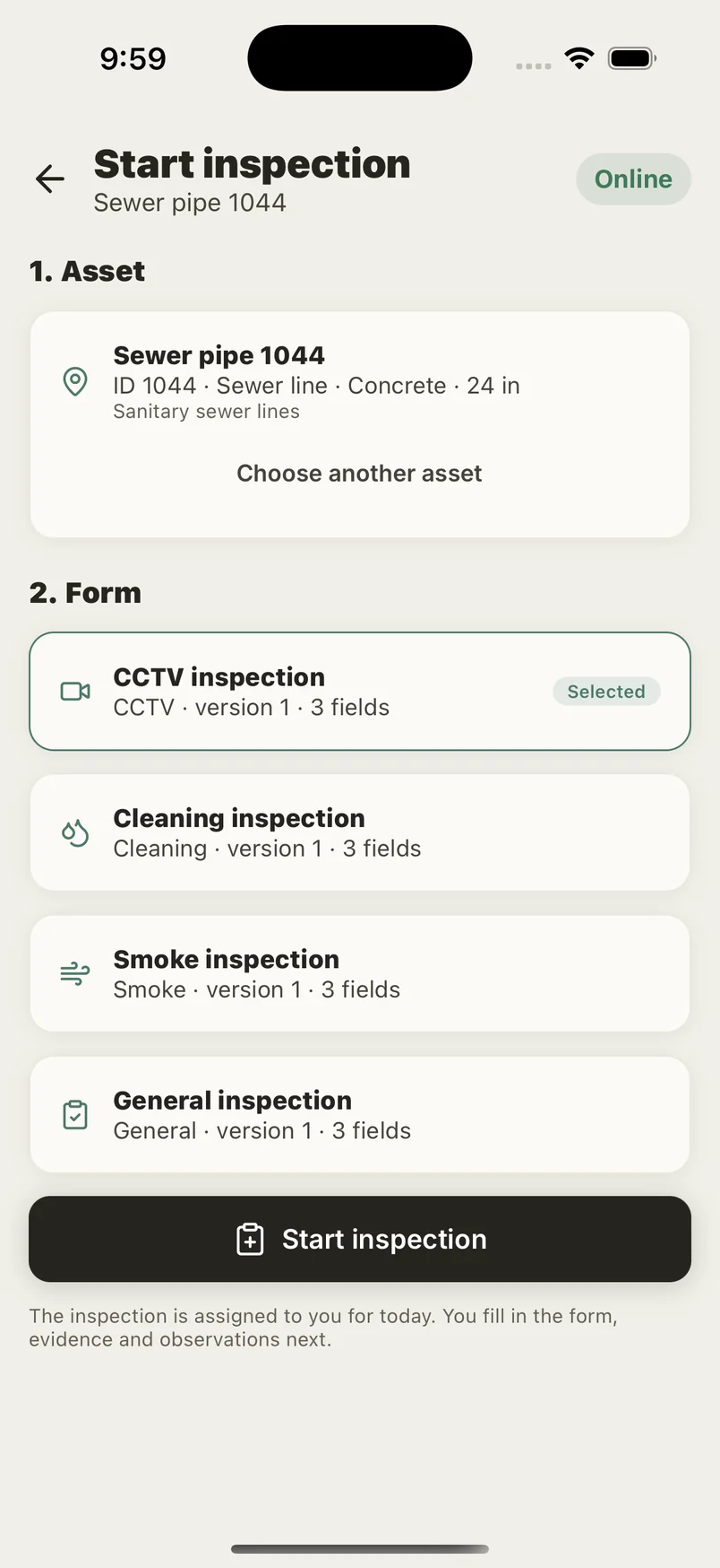 Field app starting a new inspection on a sewer pipe and choosing the form