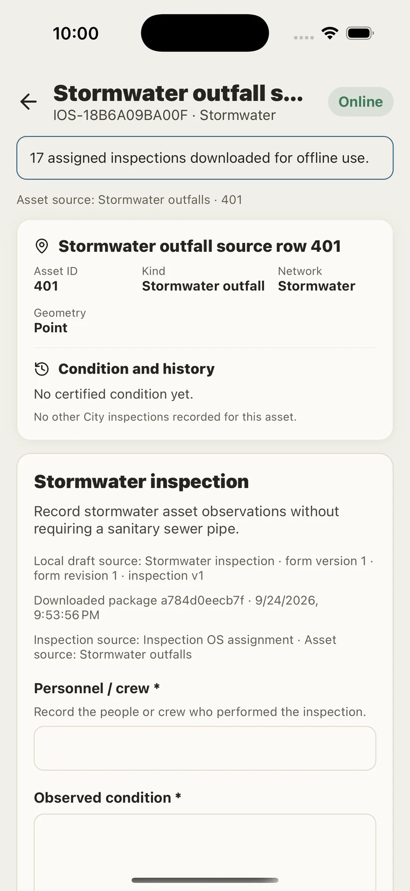 Field app stormwater outfall inspection form