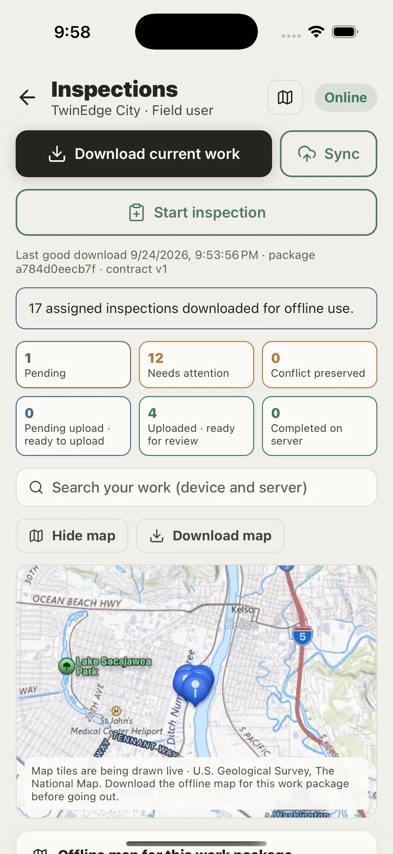 Field app with the work list and an offline map of the work area