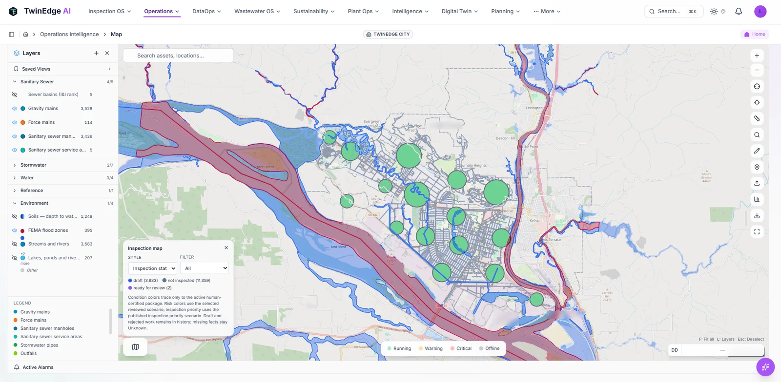 System map with sewer mains, flood zones, rivers and inspection clusters