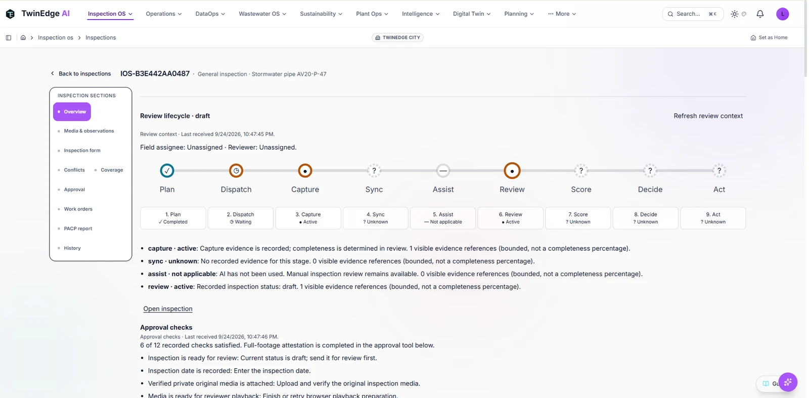 An inspection with its nine lifecycle steps and the approval checks still to pass
