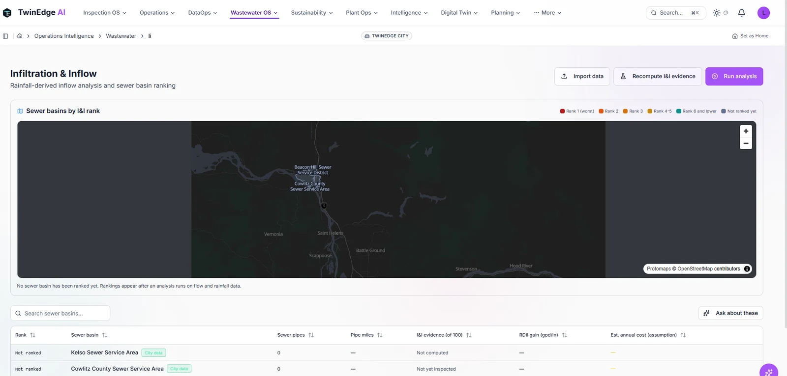 Sewer basins ranked by inflow and infiltration on a map