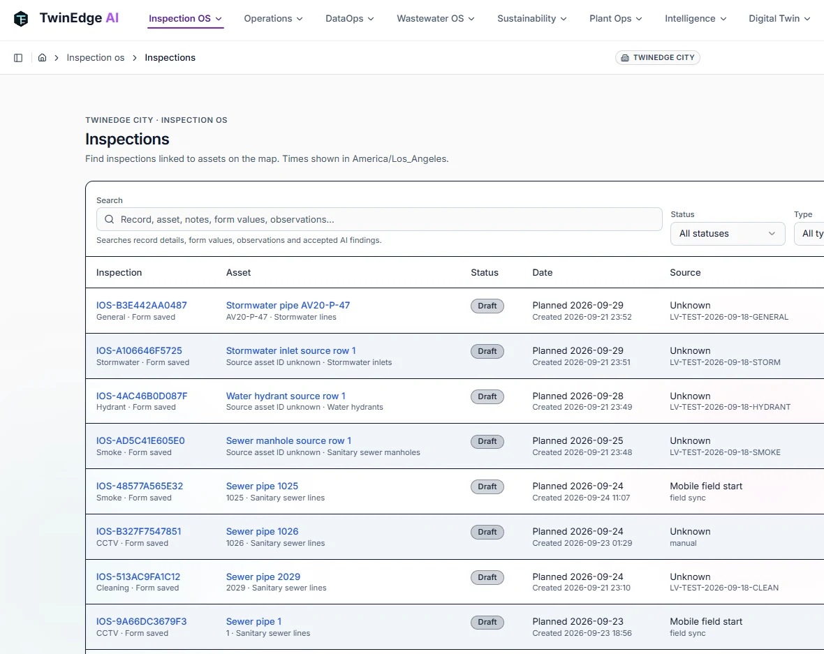 Inspection list with search, filters by status, type and source, and CCTV, smoke, hydrant, cleaning and stormwater records