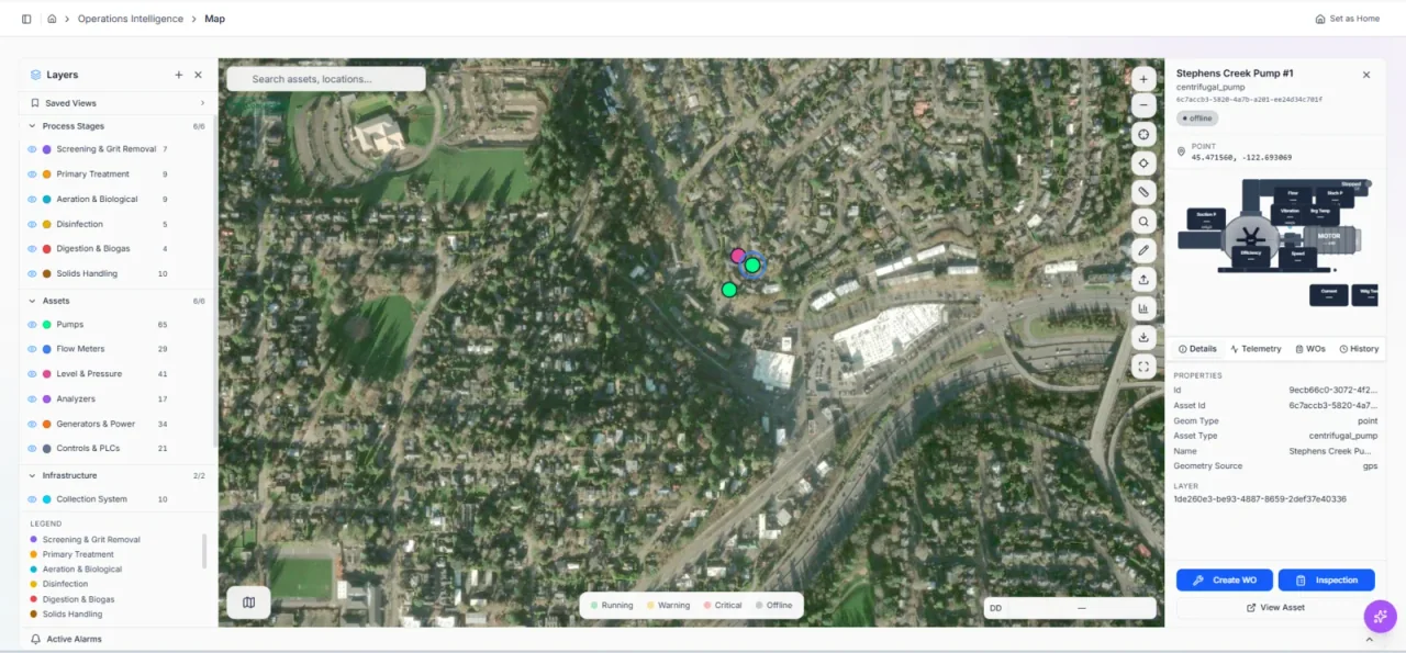 TwinEdge map showing a selected facility asset, telemetry, and work-order actions